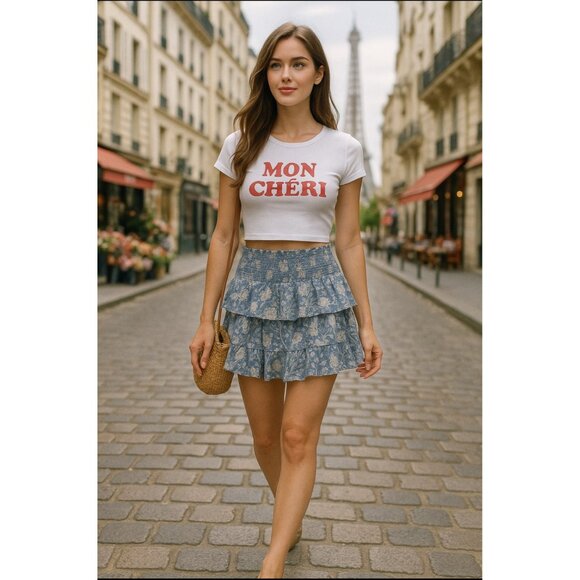 Unsubscribed Poplin Tiered Mini Skirt Grey Floral Print, Size 4 - Picture 11 of 11